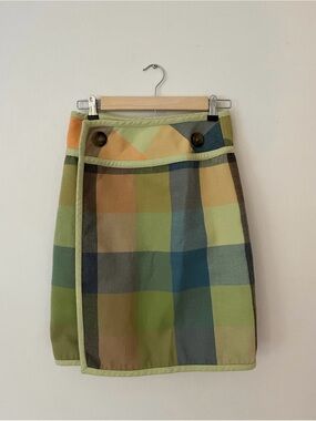 Vintage Nine & Co. Plaid Wrap Mini Skirt in Green, Blue, Tan